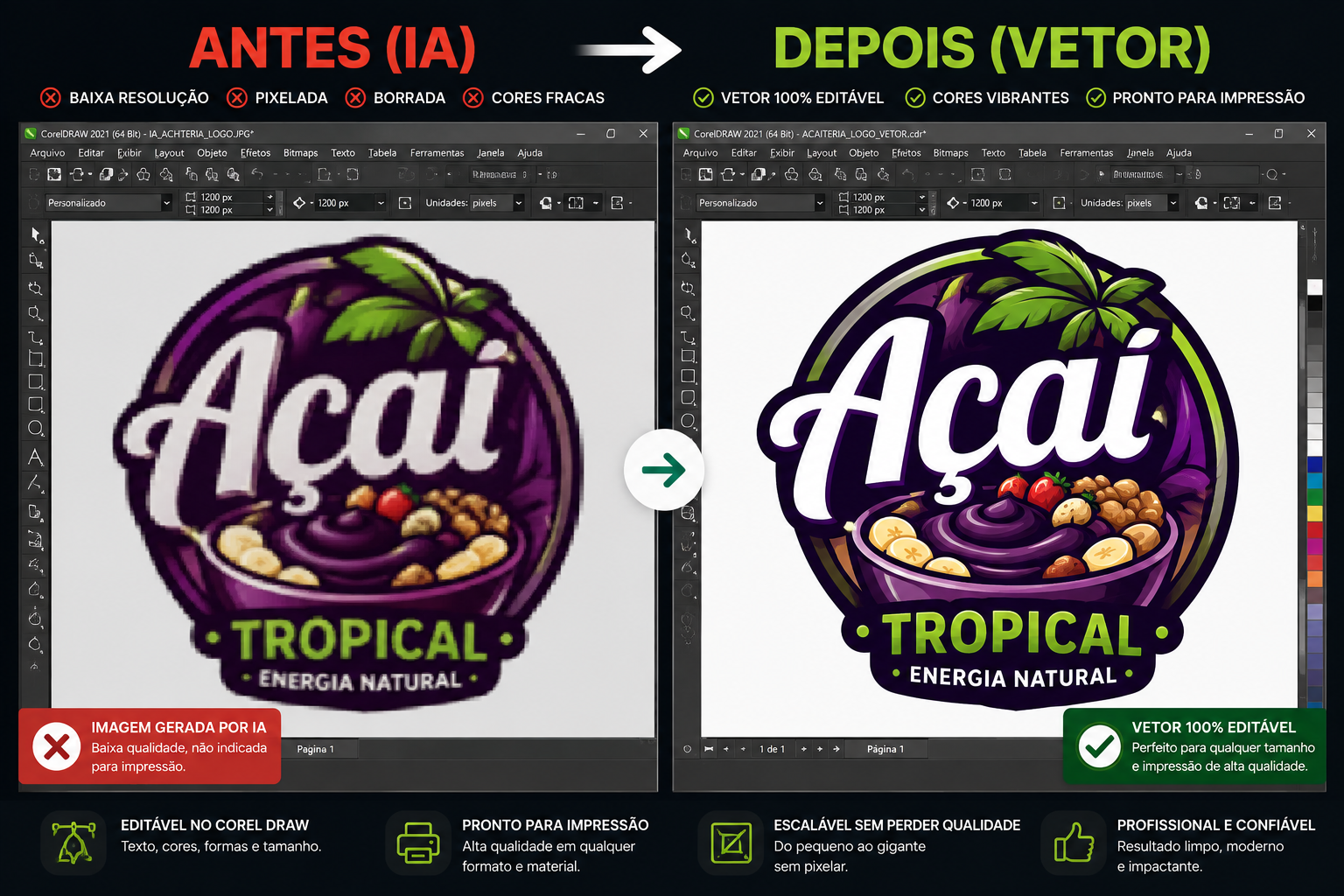 Comparação entre imagem de baixa qualidade e arquivo vetorial profissional